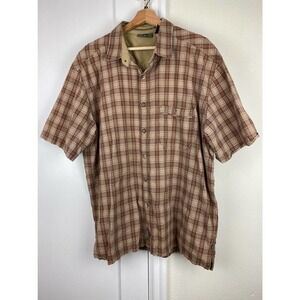 REI Men's Size XL Tan Plaid Embroidered Short Sleeve 100% Cotton Button Up Shirt